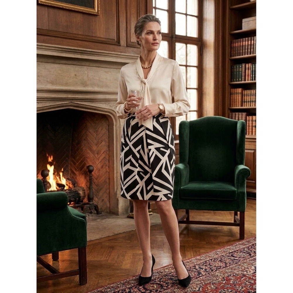 Liz Claiborne Black White Geometric Abstract Pleated Tulip Pencil Skirt Size 12